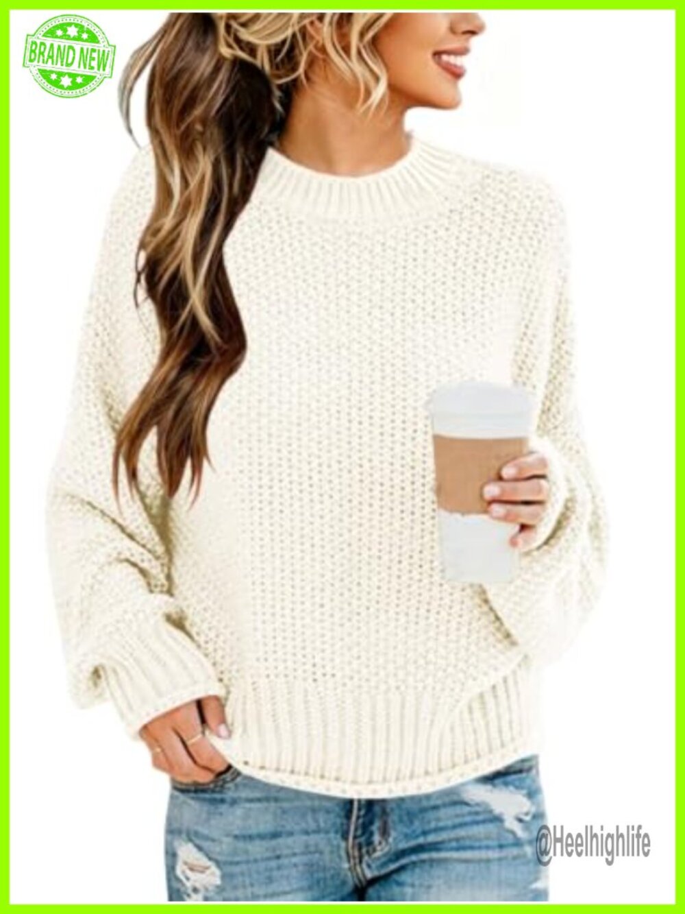 Crewneck Ribbed Pullover Sweater Long Sleeve Loose Fit Casual